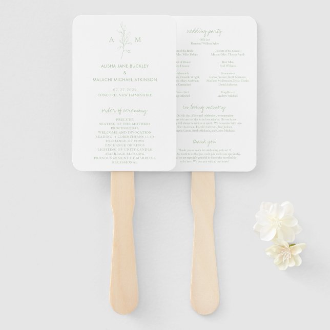 Éventail Programme de mariage élégant vert sauge botanique (Devant et derrière)