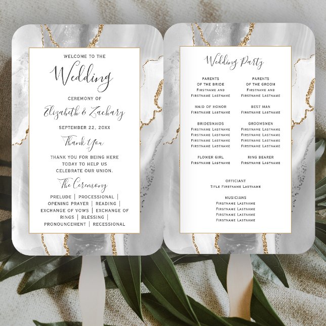 Éventail Programme de mariage en agate gris blanc or (Créateur téléchargé)