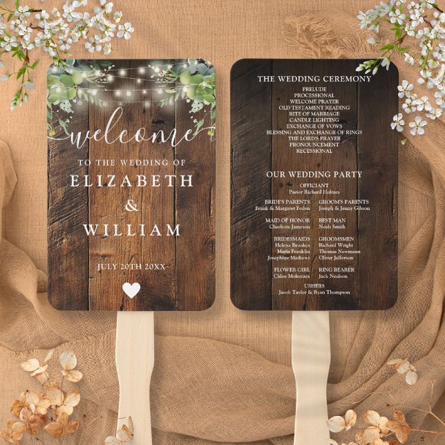 Éventail Programme de mariage en bois rustique avec guirlan (Rustic Wood String Lights Greenery Wedding Program Hand Fan)