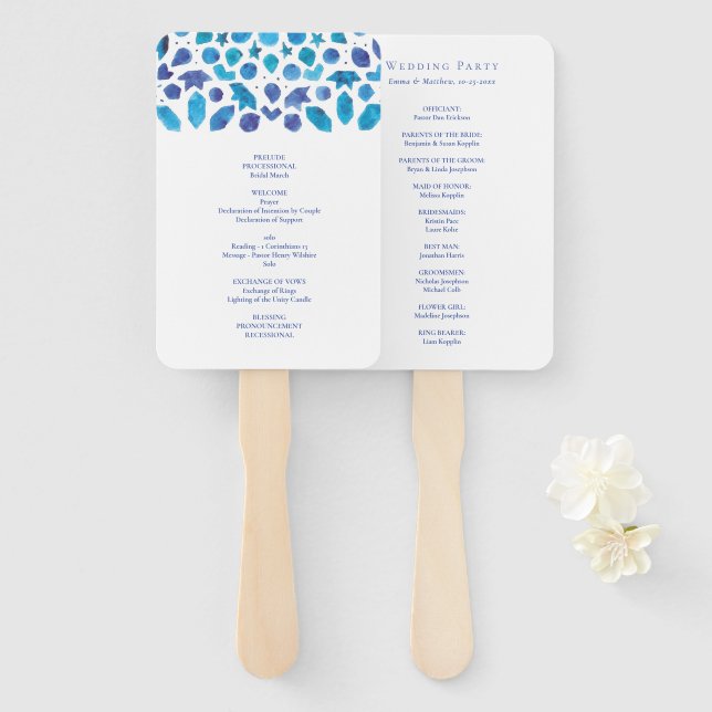 Éventail Programme de mariage en carreaux méditerranéens à  (Devant et derrière)