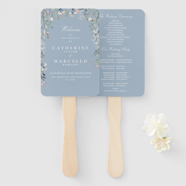 Éventail Programme de mariage en cascade florale bleu pouss (Devant et derrière)