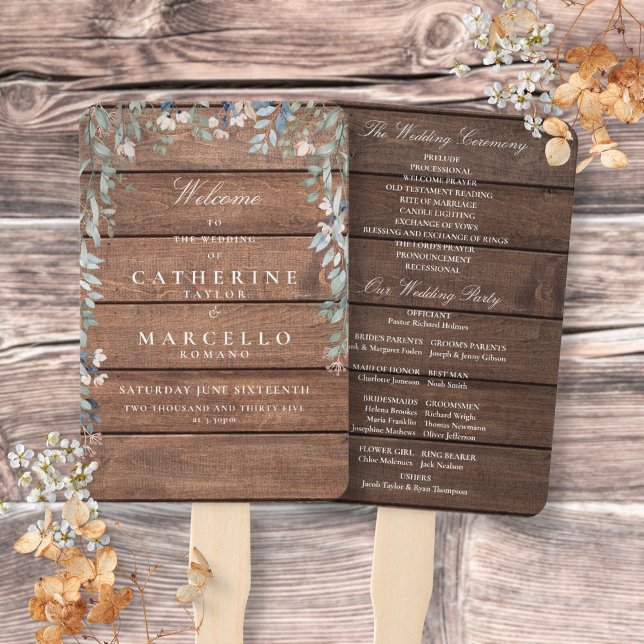 Éventail Programme de mariage en cascade florale en bois ru (Rustic Wood Floral Cascade Wedding Program Hand Fan)