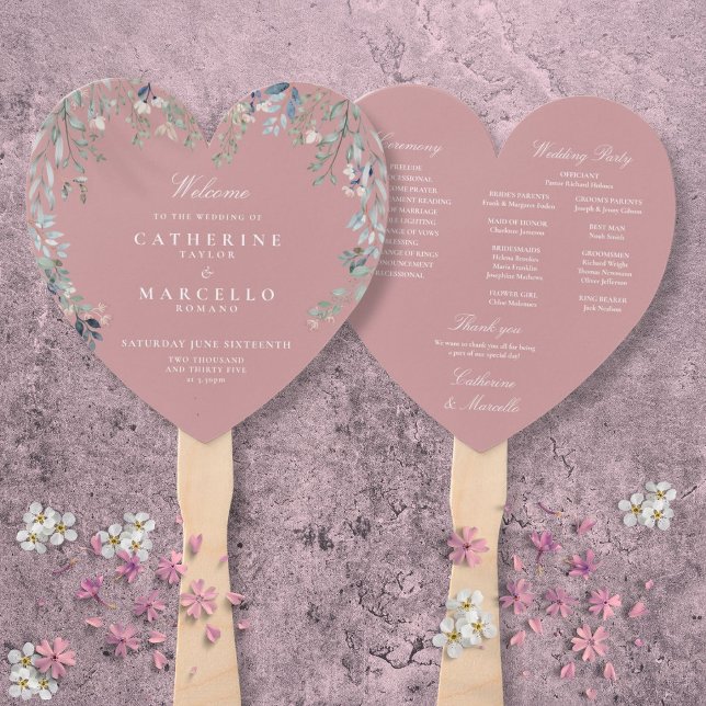 Éventail Programme de mariage en cascade florale rose pouss (Dusty Rose Pink Floral Cascade Wedding Program Hand Fan)