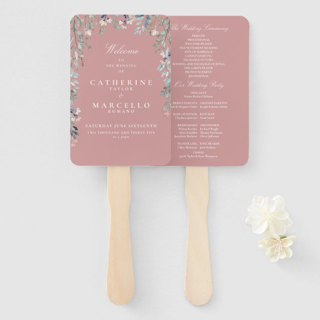 Éventail Programme de mariage en cascade florale rose pouss (Devant et derrière)