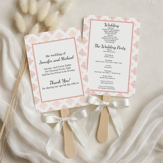 Éventail Programme de mariage en damas rose pêche doux (Créateur téléchargé)