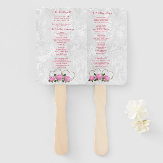 Éventail Programme de mariage en damasque Pearl Hearts & Ro (Devant et derrière)