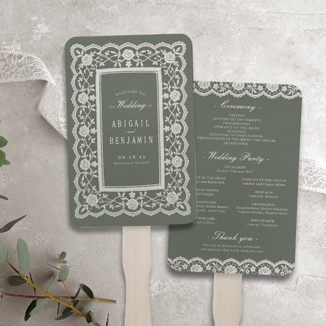 Éventail Programme de mariage en dentelle florale vert saug (Sage Green Floral Vintage Lace Wedding Program Hand Fan)