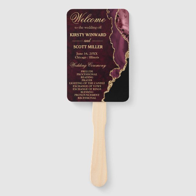 Éventail Programme de mariage en faux agate pailleté rouge  (Devant)