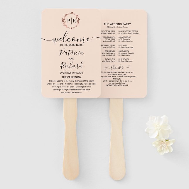 Éventail Programme de mariage en feuille d'or rose pêche év (Devant et derrière)