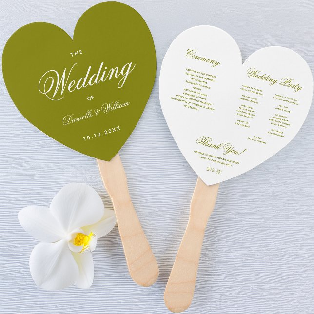 Éventail Programme de mariage en forme de coeur vert olive  (Créateur téléchargé)
