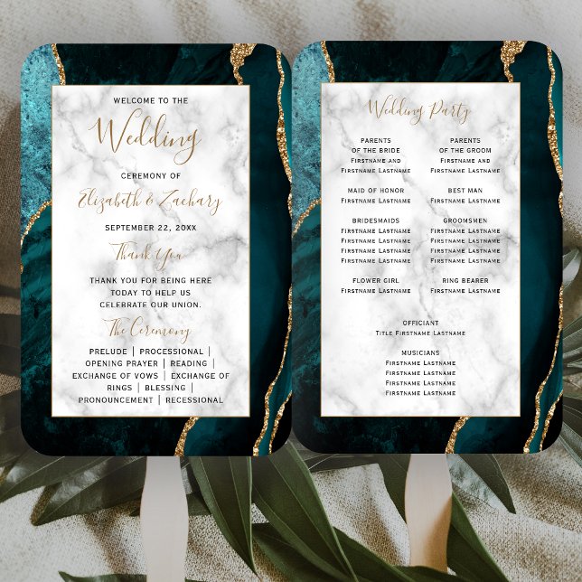 Éventail Programme de mariage en marbre d'agate sarcelle or (Créateur téléchargé)