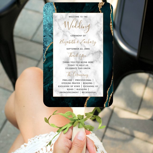 Éventail Programme de mariage en marbre d'agate sarcelle or (Créateur téléchargé)