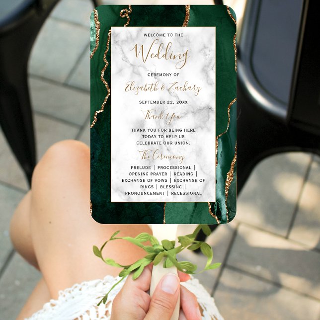 Éventail Programme de mariage en marbre de nacre vert émera (Créateur téléchargé)