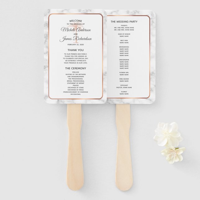 Éventail Programme de mariage en marbre et palmier cuivré o (Devant et derrière)