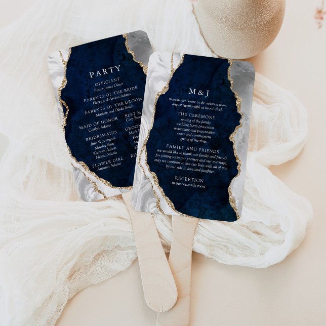 Éventail Programme de mariage en marbre Navy, blanc et agat (Créateur téléchargé)