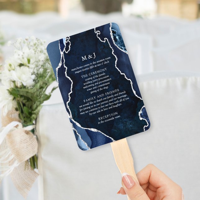 Éventail Programme de mariage en marbre Navy et agate argen (Créateur téléchargé)