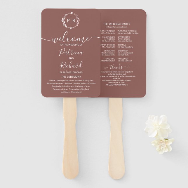 Éventail Programme de mariage en terre cuite à monogramme é (Devant et derrière)