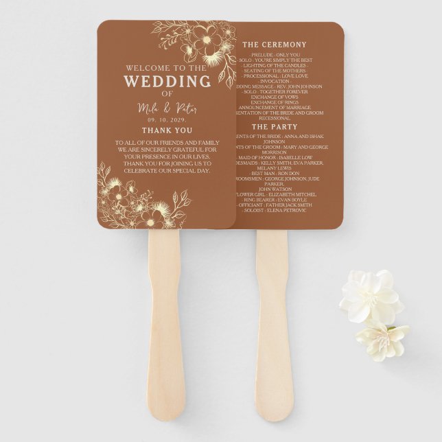 Éventail Programme de mariage en terre cuite bohème (Devant et derrière)