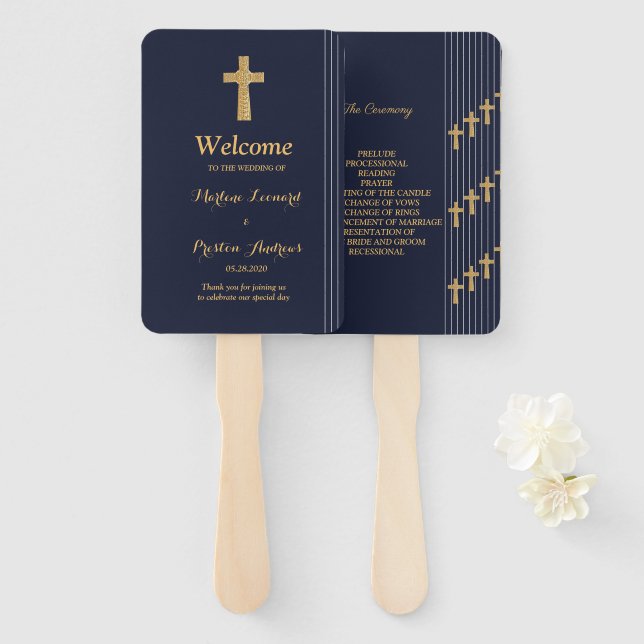 Éventail Programme de mariage en typographie élégante bleu  (Devant et derrière)