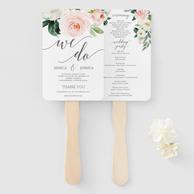Éventail Programme de mariage Fan Blushing Blooms Fan Edita (Devant et derrière)