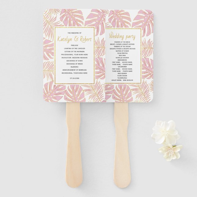 Éventail Programme de mariage feuille, rose vif, or tropica (Devant et derrière)