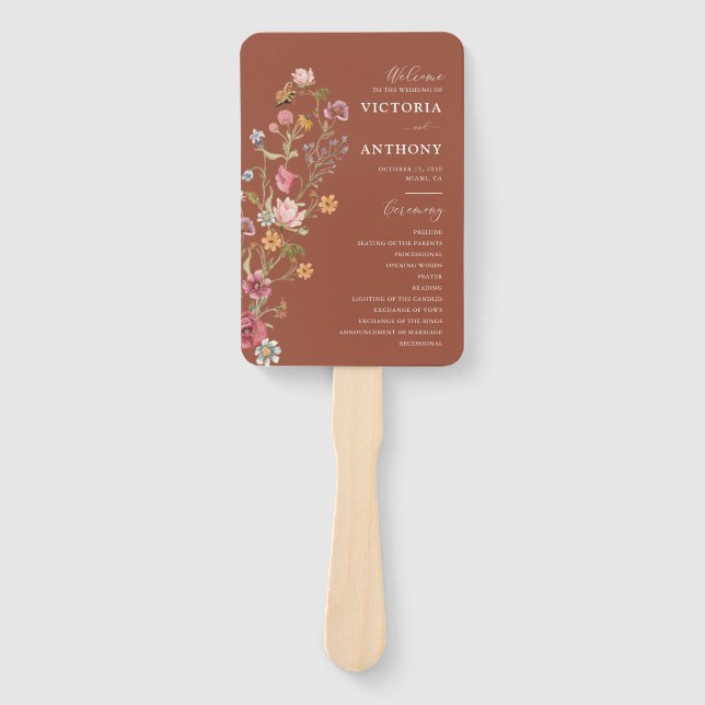 Éventail Programme de mariage Fleur sauvage Terracotta Vent (Devant)