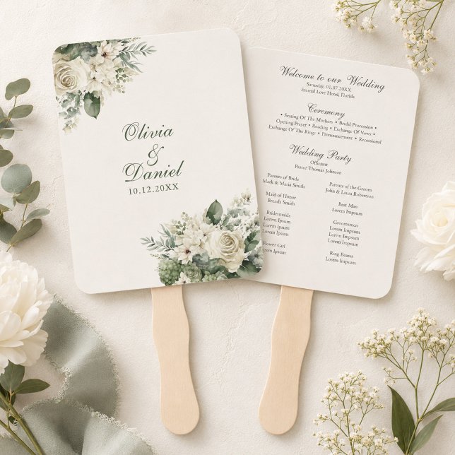 Éventail Programme de mariage Fleurs de Sauge Bohème et Ivo (Boho Sage Green and Ivory Flowers Wedding Program Hand Fan on a table with flowers)