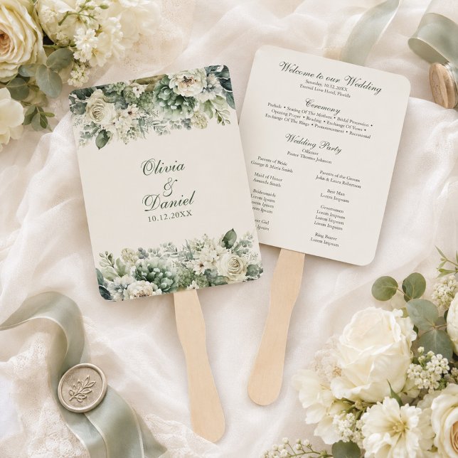Éventail Programme de mariage Fleurs de Sauge Bohème et Ivo (Boho Sage Green and Ivory Flowers Wedding Program Hand Fan with wedding decor and white flowers)