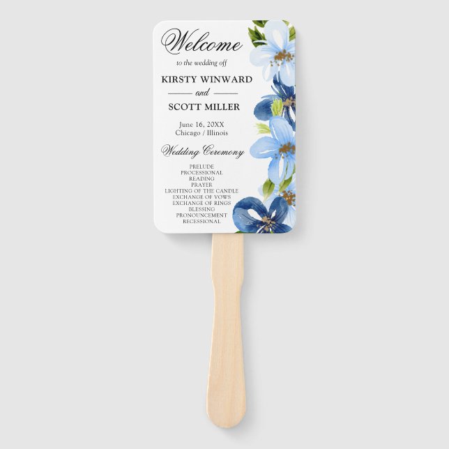 Éventail Programme de mariage Fleurs d'été bleues et marine (Devant)