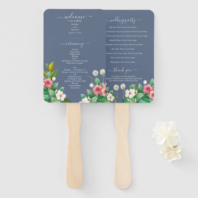 Éventail Programme de mariage Fleurs sauvages Pervenche Ble (Devant et derrière)