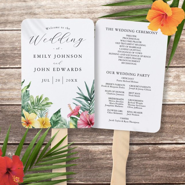 Éventail Programme de mariage Fleurs Tropicales Aquarelle (Watercolor Tropical Flowers Wedding Program Hand Fan)