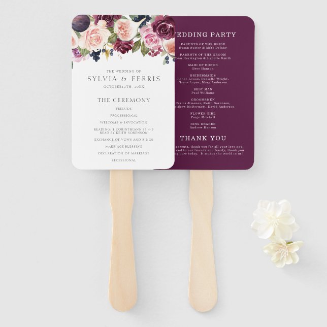 Éventail Programme de mariage floral à la prune lunatique e (Devant et derrière)