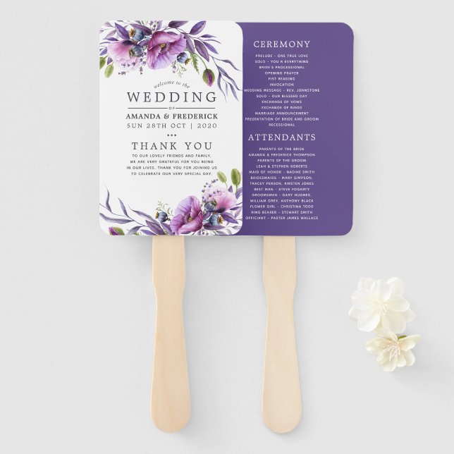 Éventail Programme de mariage floral à l'aquarelle avec coq (Devant et derrière)