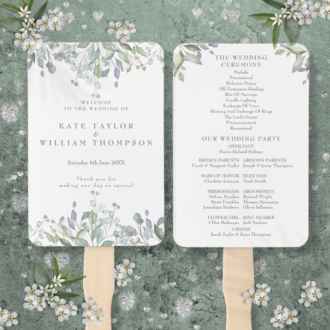 Éventail Programme de mariage floral à l'aquarelle avec feu (Watercolor Greenery Floral Wedding Program Hand Fan)