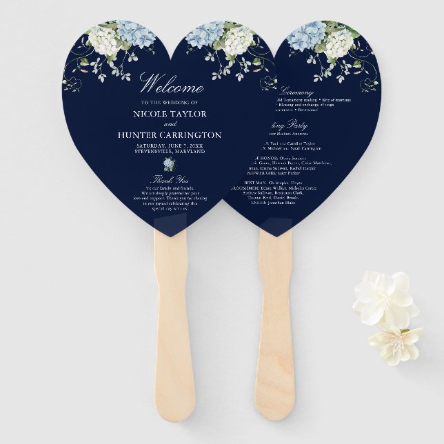 Éventail Programme de mariage floral à l'hortensia bleu fon (Devant et derrière)