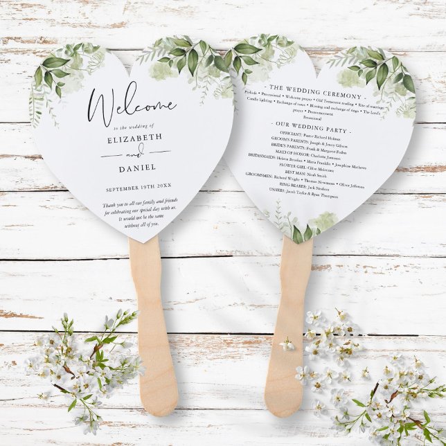 Éventail Programme de mariage floral à verdure élégante Cœu (Elegant Greenery Floral Wedding Program Heart Hand Fan)