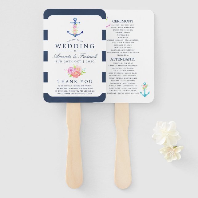 Éventail Programme de mariage floral aquarelle nautique (Devant et derrière)