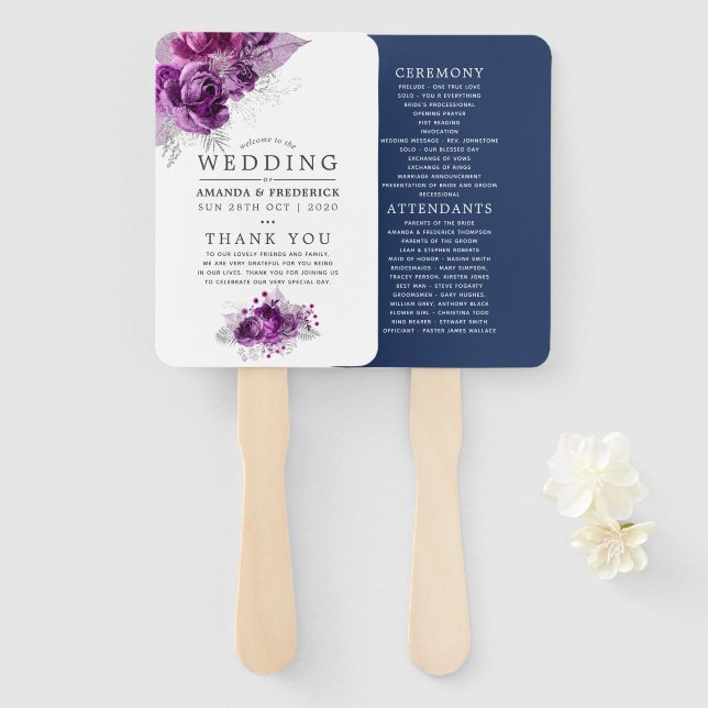 Éventail Programme de mariage floral aquarelle prune et mar (Devant et derrière)