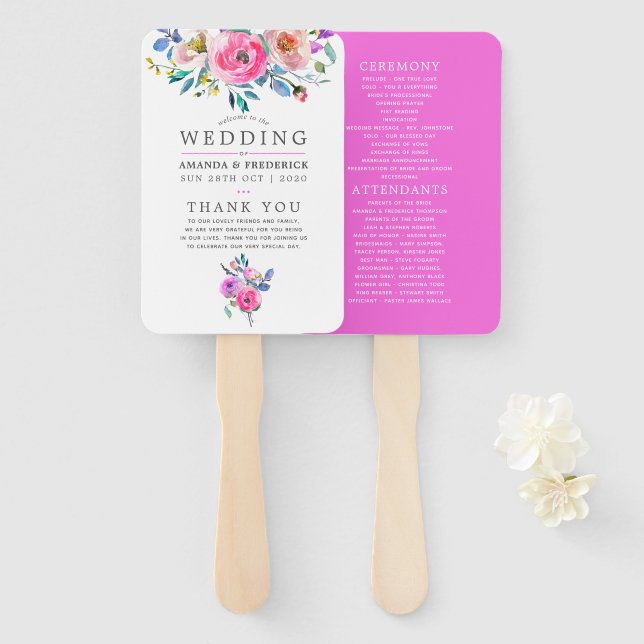 Éventail Programme de mariage floral aquarelle rose vif (Devant et derrière)