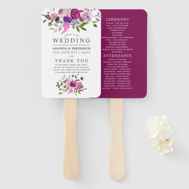 Éventail Programme de mariage floral aquarelle tendance (Devant et derrière)