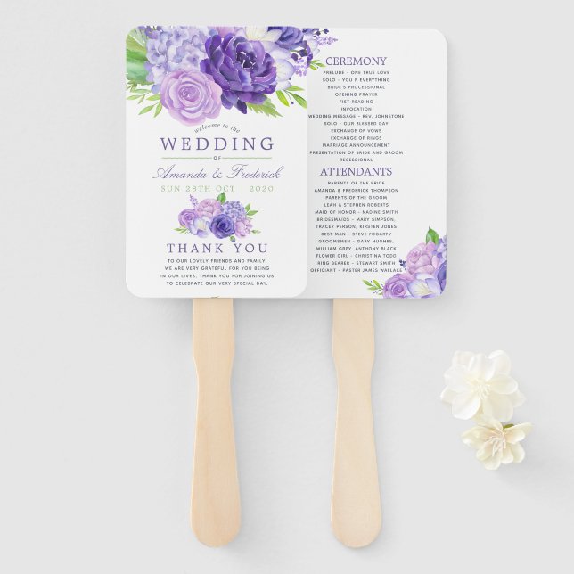 Éventail Programme de mariage floral aquarelle ultra violet (Devant et derrière)