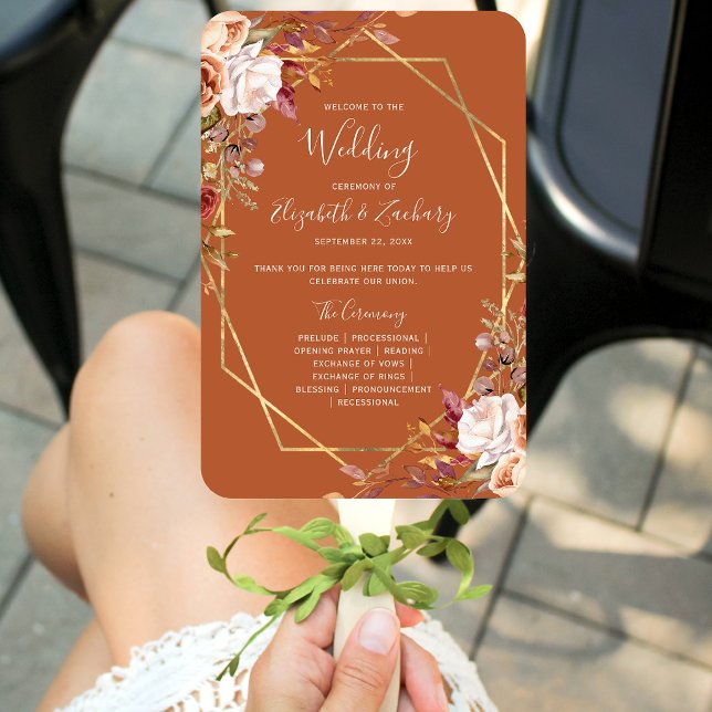 Éventail Programme de mariage floral automnal orange brûlé (Créateur téléchargé)