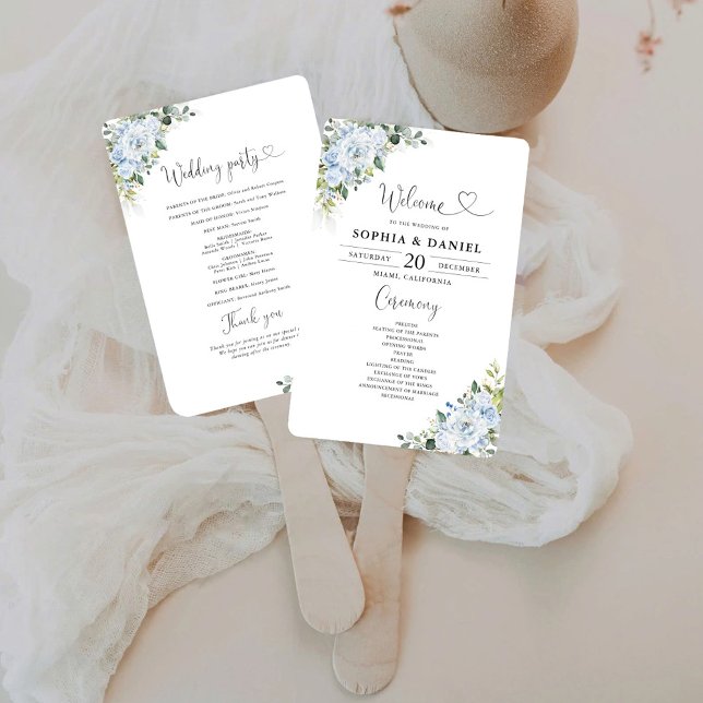 Éventail Programme de mariage floral bleu clair romantique  (Créateur téléchargé)