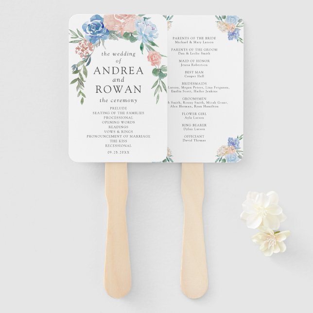 Éventail Programme de mariage floral bleu et rose Dusty (Devant et derrière)