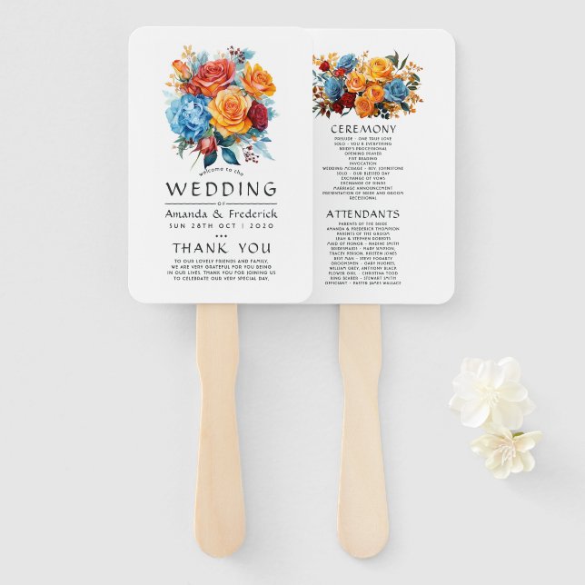 Éventail Programme de mariage floral bleu, orange, jaune et (Devant et derrière)