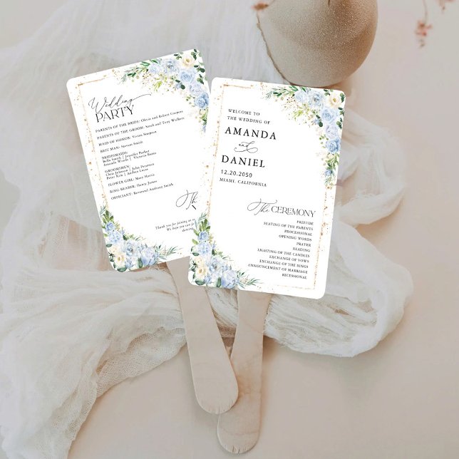 Éventail Programme de mariage floral bleu poussiéreux éléga (Créateur téléchargé)