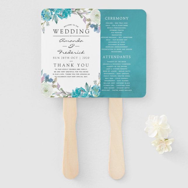 Éventail Programme de mariage floral bleu poussiéreux et tu (Devant et derrière)