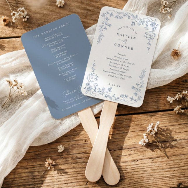 Éventail Programme de mariage floral bleu poussiéreux vinta (Dusty blue wedding program fan with vintage French chinoiserie floral frame)