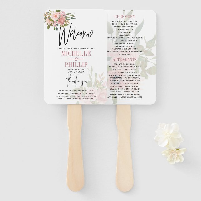 Éventail Programme de mariage Floral Blush et Rose Gold (Devant et derrière)