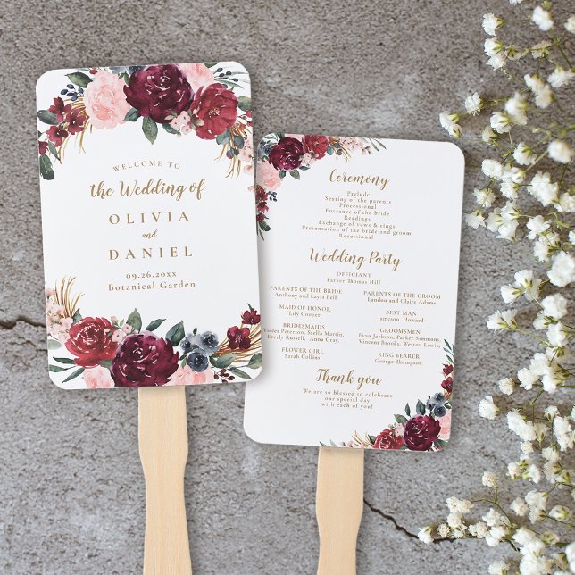 Éventail Programme de mariage floral boho d'aquarelle bourg (Burgundy watercolor floral boho wedding program hand fan)